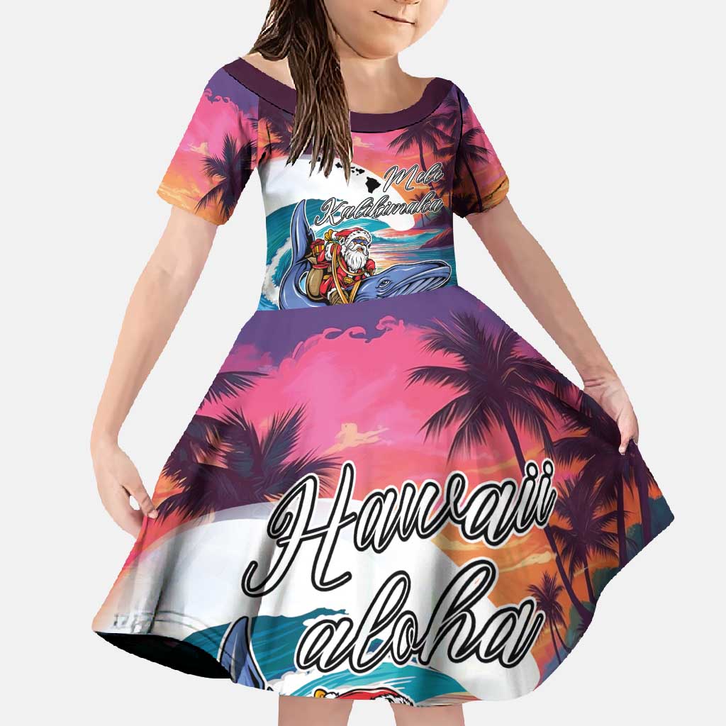 Hawaiian Mele Kalikimaka Family Matching Long Sleeve Bodycon Dress and Hawaiian Shirt Santa Claus Driving The Whale with Sunset Ocean Landscape LT03 Daughter's Dress Blue - Polynesian Pride