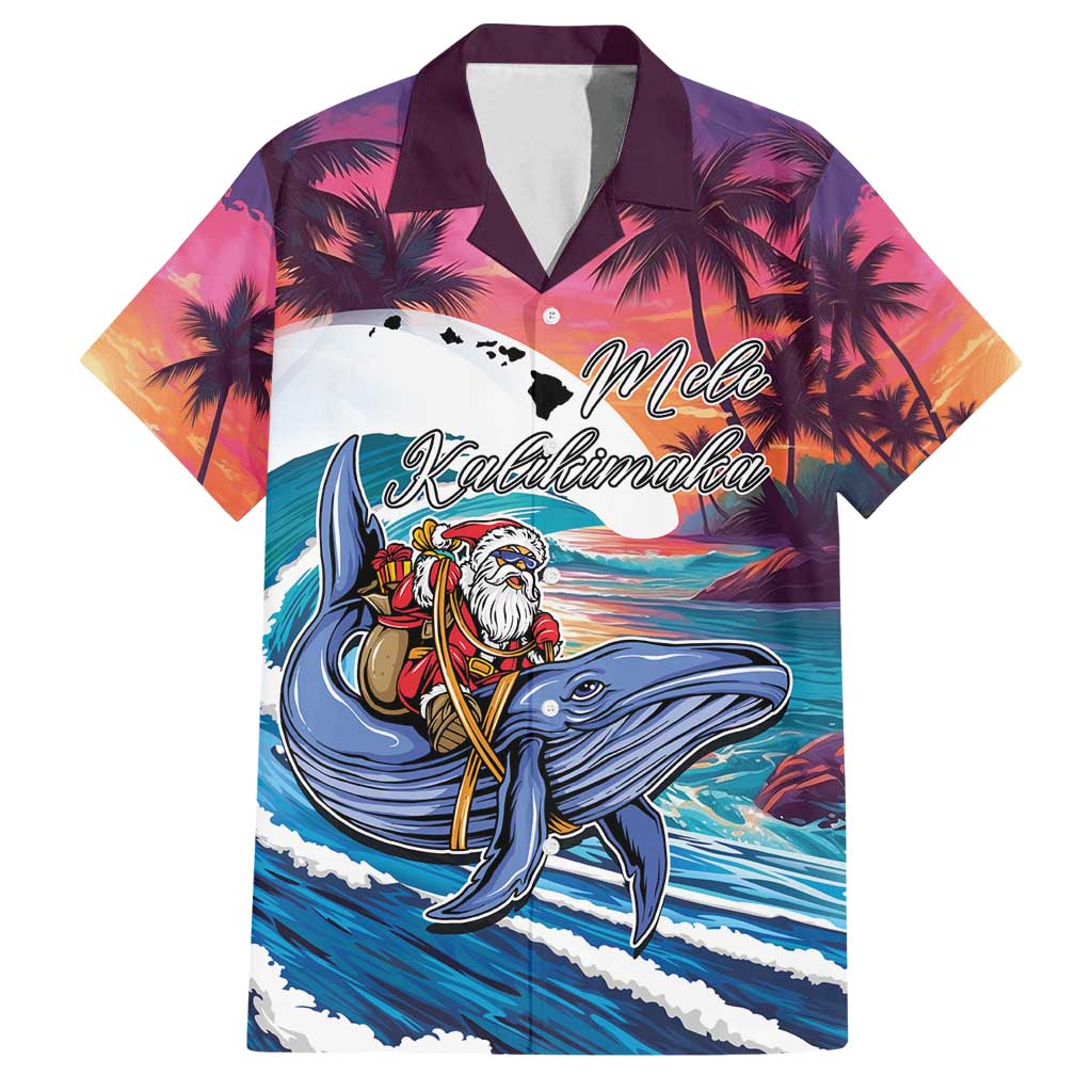 Hawaiian Mele Kalikimaka Family Matching Long Sleeve Bodycon Dress and Hawaiian Shirt Santa Claus Driving The Whale with Sunset Ocean Landscape LT03 Dad's Shirt - Short Sleeve Blue - Polynesian Pride
