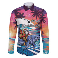 Hawaiian Mele Kalikimaka Family Matching Long Sleeve Bodycon Dress and Hawaiian Shirt Santa Claus Driving The Whale with Sunset Ocean Landscape LT03 Dad's Shirt - Long Sleeve Blue - Polynesian Pride