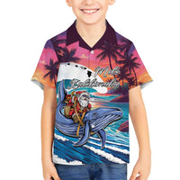 Hawaiian Mele Kalikimaka Family Matching Long Sleeve Bodycon Dress and Hawaiian Shirt Santa Claus Driving The Whale with Sunset Ocean Landscape LT03 Son's Shirt Blue - Polynesian Pride