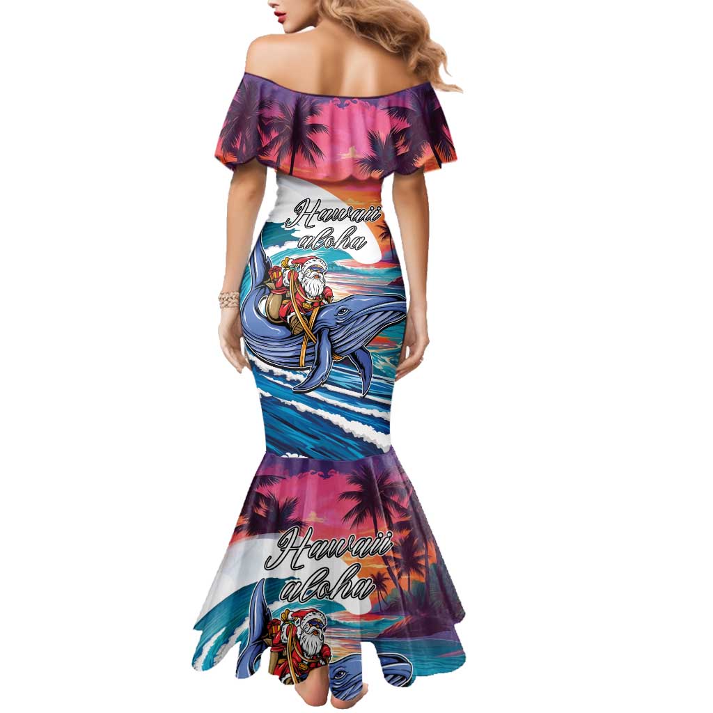 Hawaiian Mele Kalikimaka Family Matching Mermaid Dress and Hawaiian Shirt Santa Claus Driving The Whale with Sunset Ocean Landscape