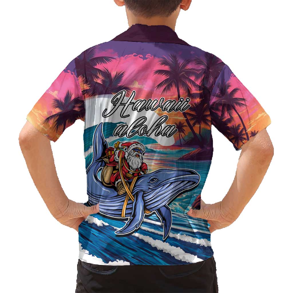Hawaiian Mele Kalikimaka Family Matching Puletasi and Hawaiian Shirt Santa Claus Driving The Whale with Sunset Ocean Landscape