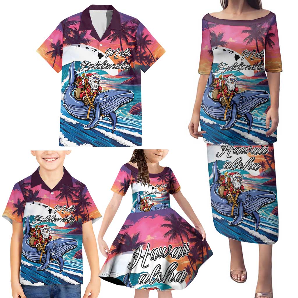 Hawaiian Mele Kalikimaka Family Matching Puletasi and Hawaiian Shirt Santa Claus Driving The Whale with Sunset Ocean Landscape