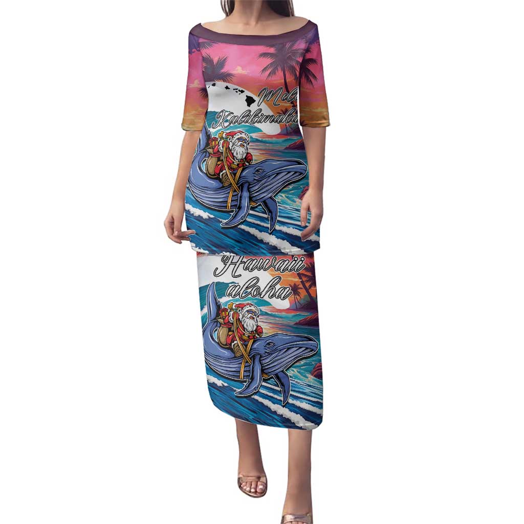 Hawaiian Mele Kalikimaka Family Matching Puletasi and Hawaiian Shirt Santa Claus Driving The Whale with Sunset Ocean Landscape
