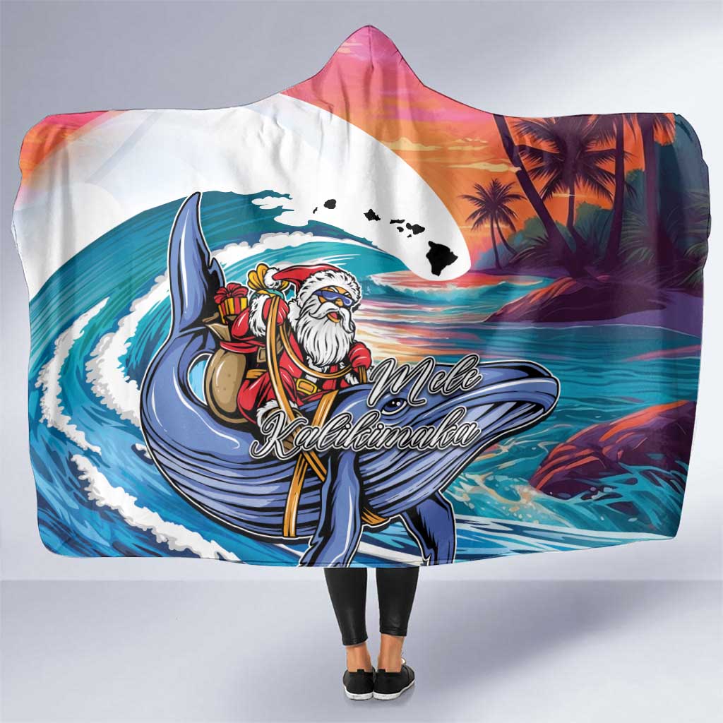 Hawaiian Mele Kalikimaka Hooded Blanket Santa Claus Driving The Whale with Sunset Ocean Landscape