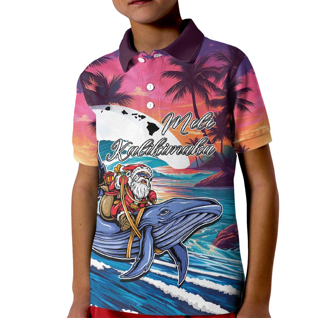 Hawaiian Mele Kalikimaka Kid Polo Shirt Santa Claus Driving The Whale with Sunset Ocean Landscape LT03 Kid Blue - Polynesian Pride