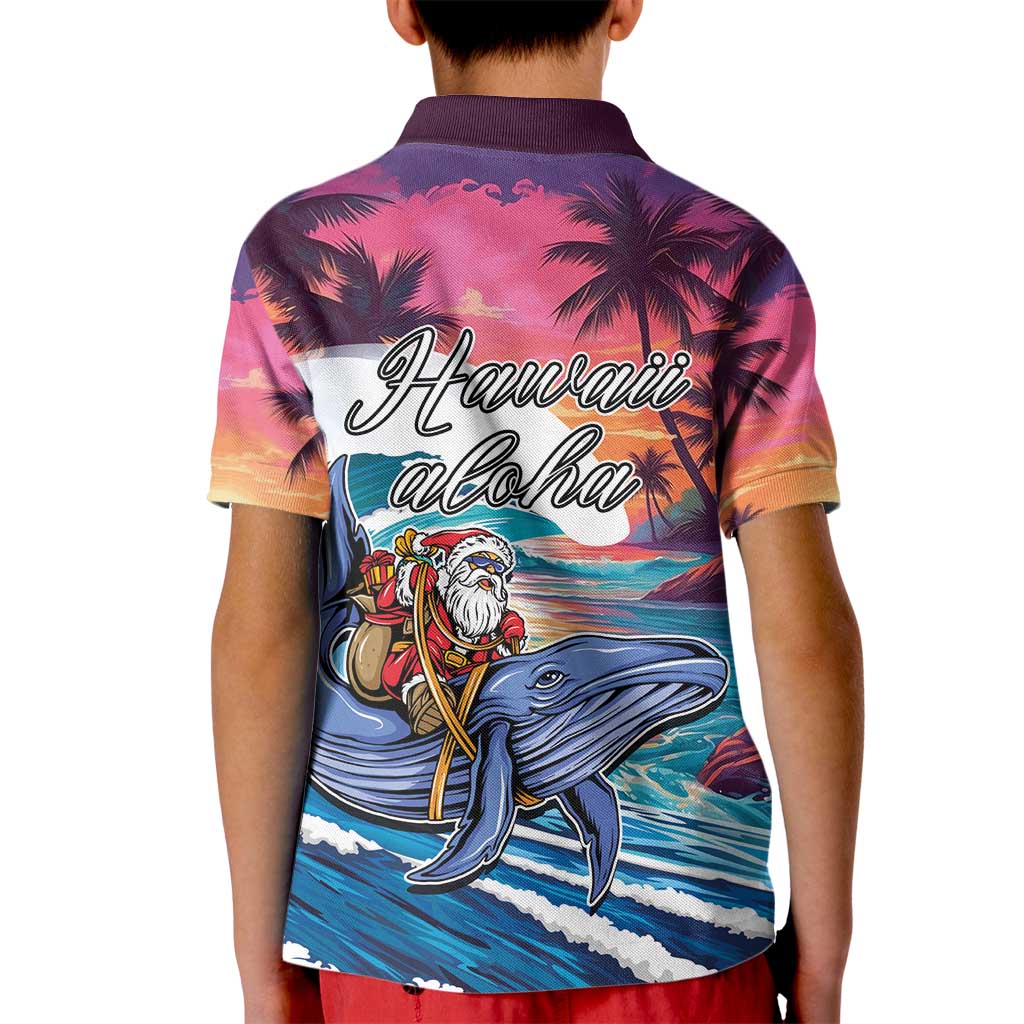 Hawaiian Mele Kalikimaka Kid Polo Shirt Santa Claus Driving The Whale with Sunset Ocean Landscape LT03 - Polynesian Pride