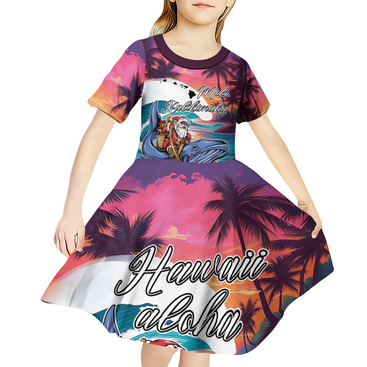 Hawaiian Mele Kalikimaka Kid Short Sleeve Dress Santa Claus Driving The Whale with Sunset Ocean Landscape LT03 - Polynesian Pride