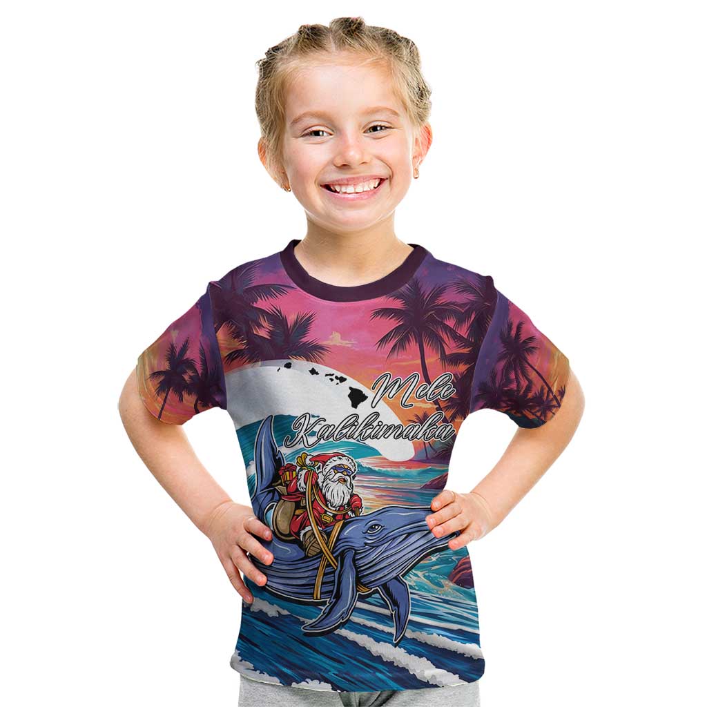 Hawaiian Mele Kalikimaka Kid T Shirt Santa Claus Driving The Whale with Sunset Ocean Landscape