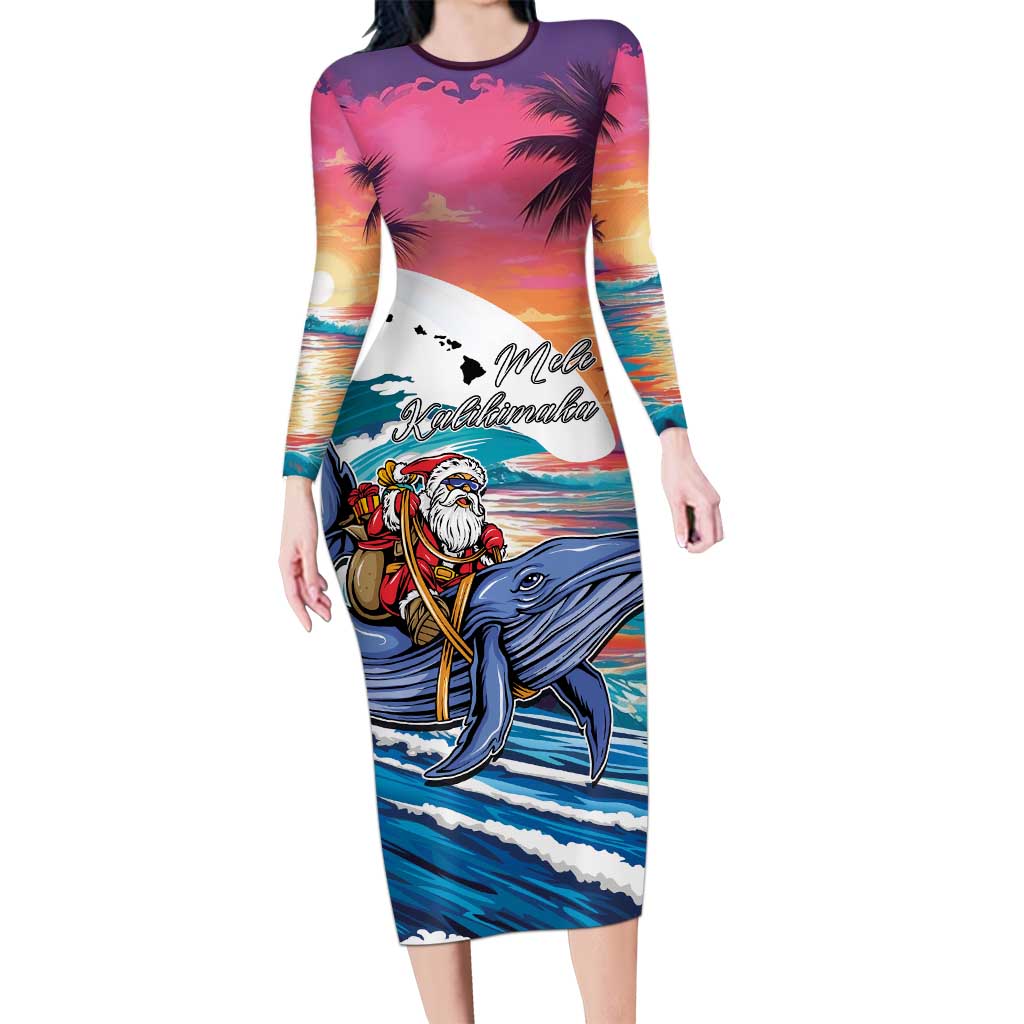 Hawaiian Mele Kalikimaka Long Sleeve Bodycon Dress Santa Claus Driving The Whale with Sunset Ocean Landscape LT03 Long Dress Blue - Polynesian Pride