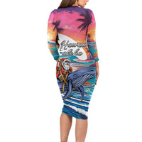 Hawaiian Mele Kalikimaka Long Sleeve Bodycon Dress Santa Claus Driving The Whale with Sunset Ocean Landscape LT03 - Polynesian Pride