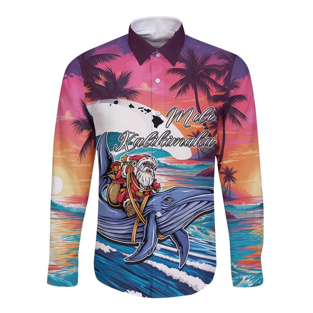 Hawaiian Mele Kalikimaka Long Sleeve Button Shirt Santa Claus Driving The Whale with Sunset Ocean Landscape