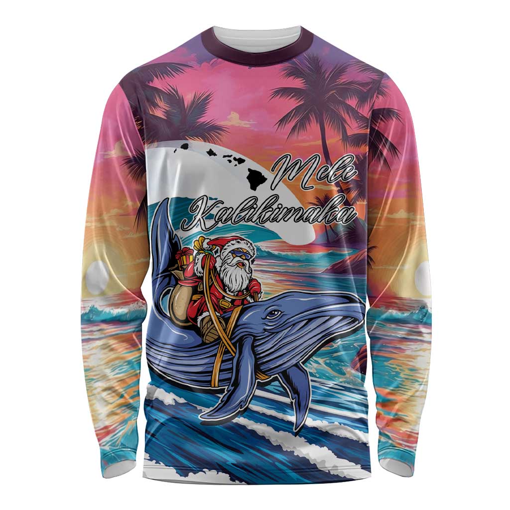 Hawaiian Mele Kalikimaka Long Sleeve Shirt Santa Claus Driving The Whale with Sunset Ocean Landscape