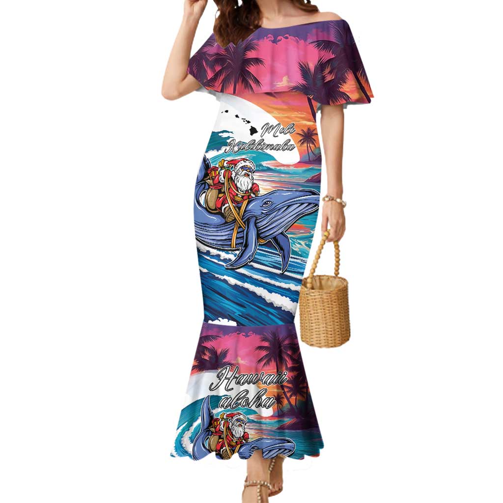 Hawaiian Mele Kalikimaka Mermaid Dress Santa Claus Driving The Whale with Sunset Ocean Landscape LT03 Women Blue - Polynesian Pride
