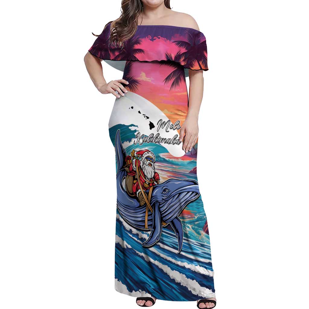 Hawaiian Mele Kalikimaka Off Shoulder Maxi Dress Santa Claus Driving The Whale with Sunset Ocean Landscape