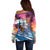 Hawaiian Mele Kalikimaka Off Shoulder Sweater Santa Claus Driving The Whale with Sunset Ocean Landscape