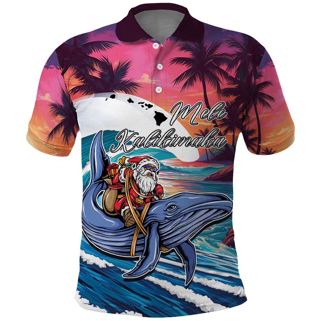 Hawaiian Mele Kalikimaka Polo Shirt Santa Claus Driving The Whale with Sunset Ocean Landscape LT03 Blue - Polynesian Pride