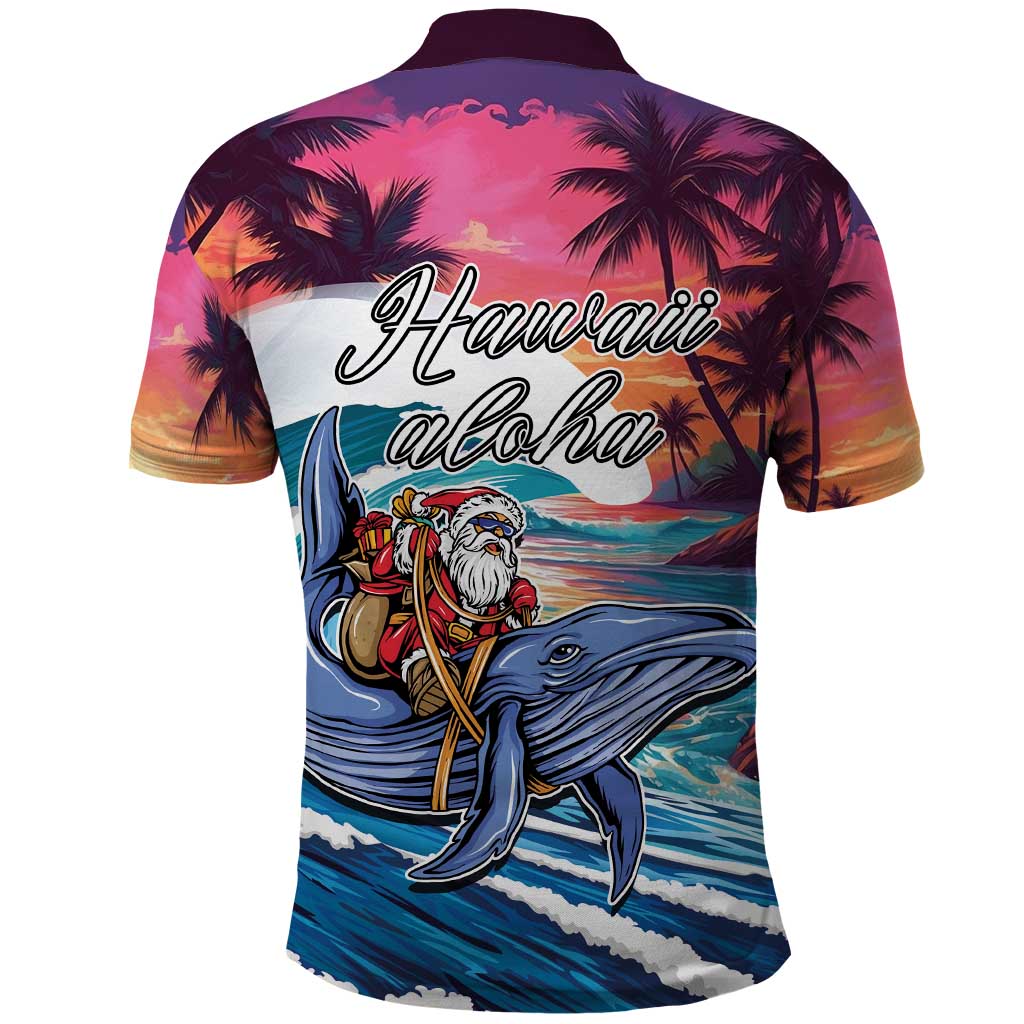 Hawaiian Mele Kalikimaka Polo Shirt Santa Claus Driving The Whale with Sunset Ocean Landscape LT03 - Polynesian Pride