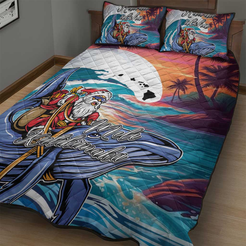 Hawaiian Mele Kalikimaka Quilt Bed Set Santa Claus Driving The Whale with Sunset Ocean Landscape