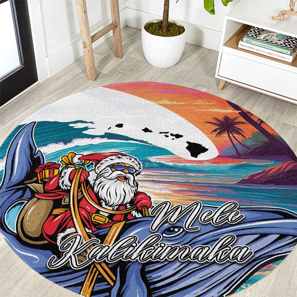 Hawaiian Mele Kalikimaka Round Carpet Santa Claus Driving The Whale with Sunset Ocean Landscape