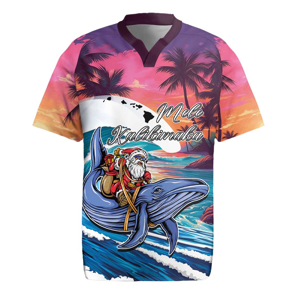 Hawaiian Mele Kalikimaka Rugby Jersey Santa Claus Driving The Whale with Sunset Ocean Landscape