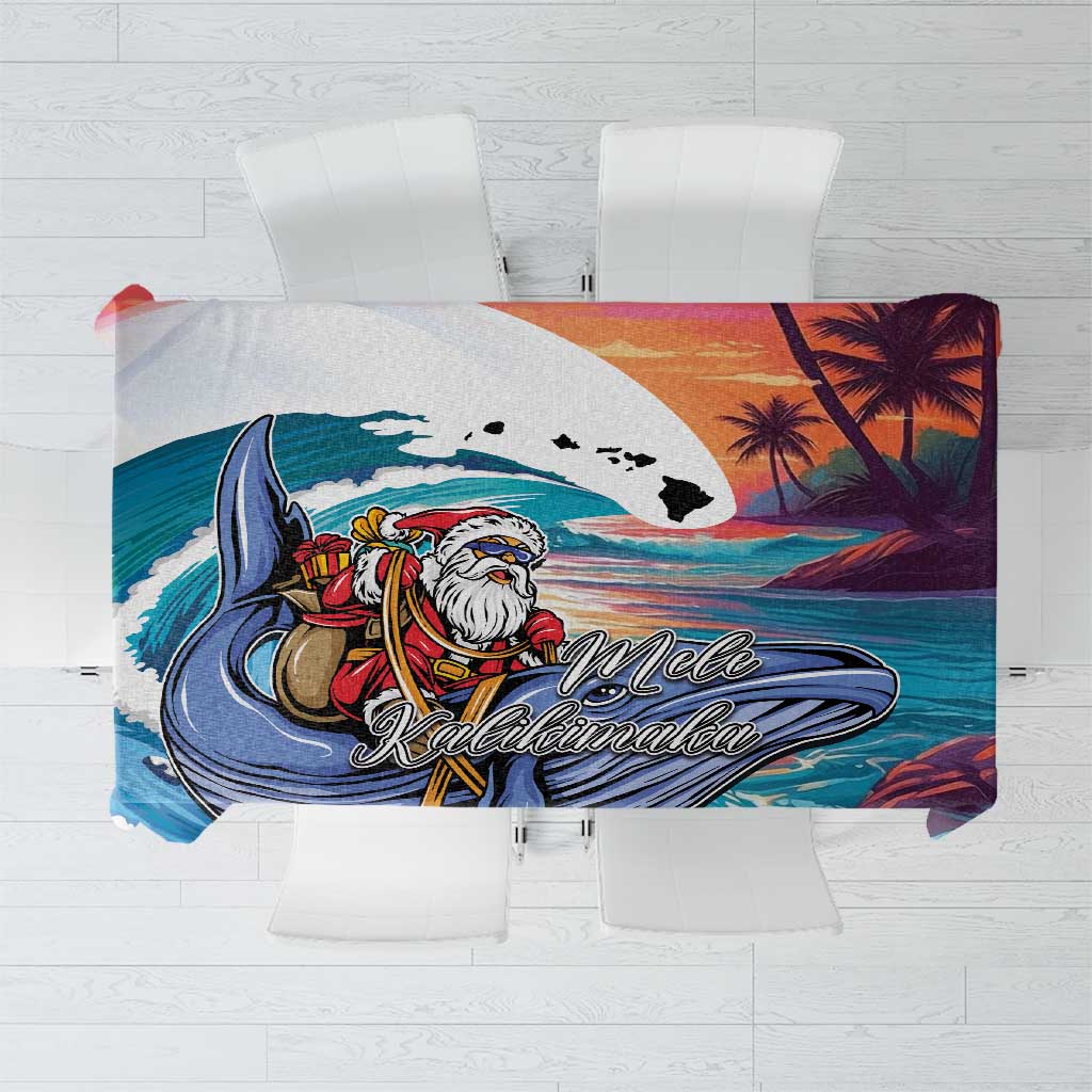 Hawaiian Mele Kalikimaka Tablecloth Santa Claus Driving The Whale with Sunset Ocean Landscape