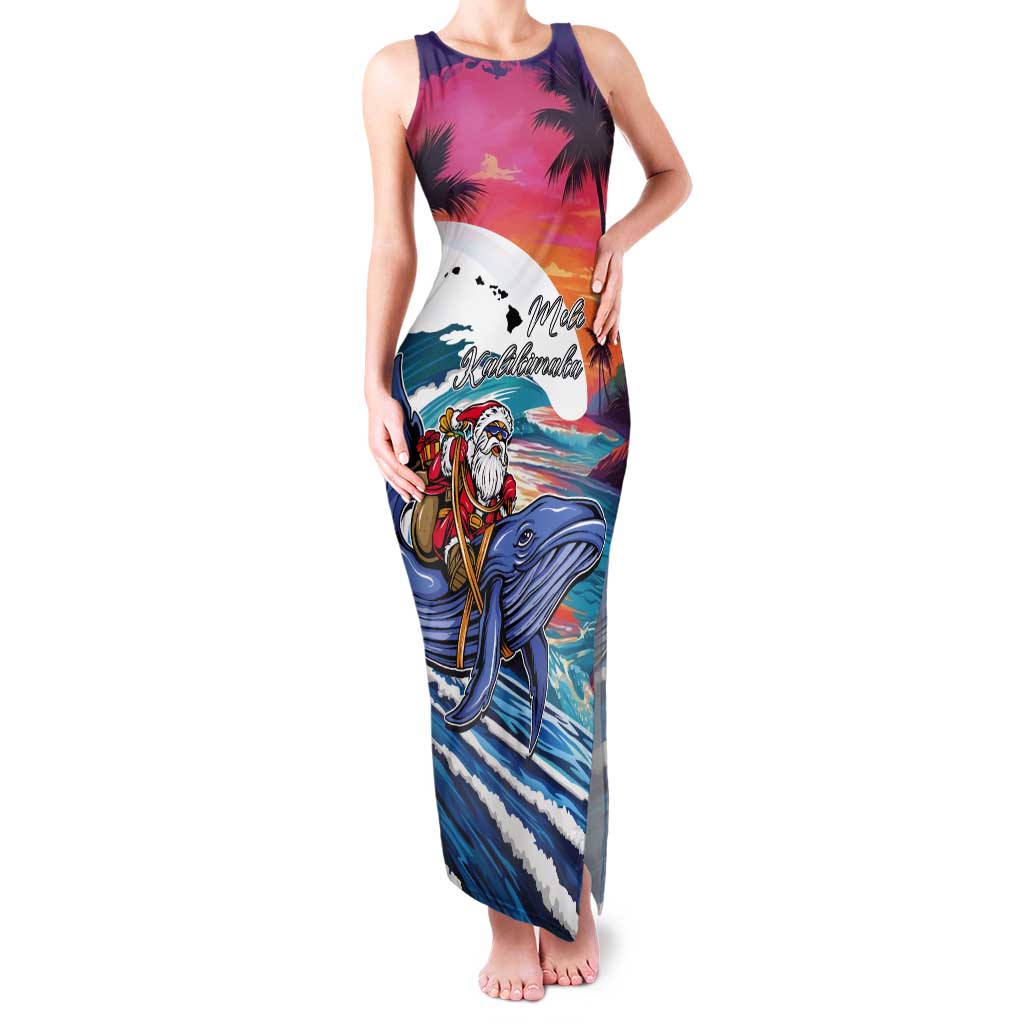 Hawaiian Mele Kalikimaka Tank Maxi Dress Santa Claus Driving The Whale with Sunset Ocean Landscape