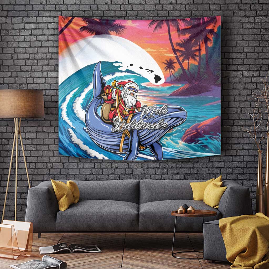 Hawaiian Mele Kalikimaka Tapestry Santa Claus Driving The Whale with Sunset Ocean Landscape