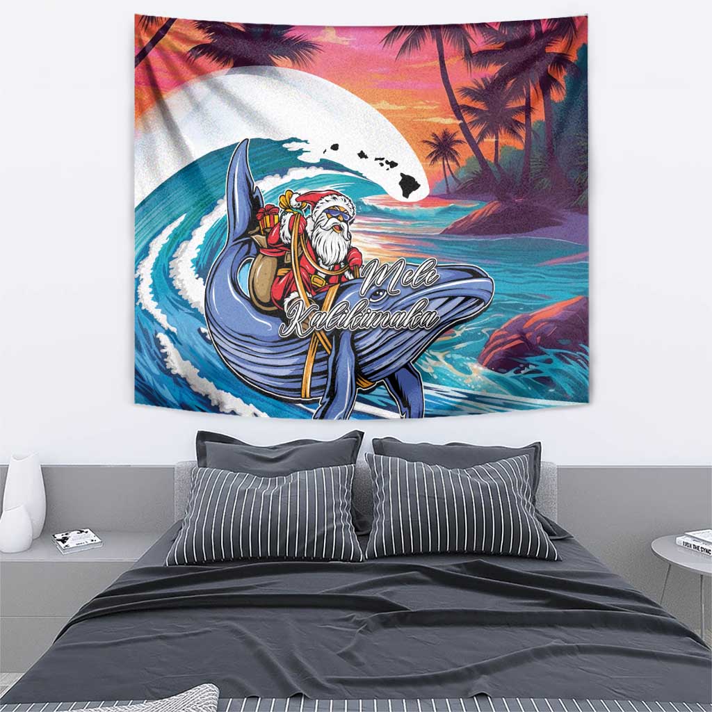 Hawaiian Mele Kalikimaka Tapestry Santa Claus Driving The Whale with Sunset Ocean Landscape LT03 - Polynesian Pride
