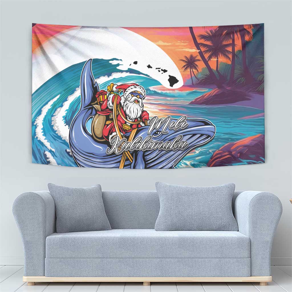 Hawaiian Mele Kalikimaka Tapestry Santa Claus Driving The Whale with Sunset Ocean Landscape LT03 - Polynesian Pride