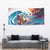 Hawaiian Mele Kalikimaka Tapestry Santa Claus Driving The Whale with Sunset Ocean Landscape