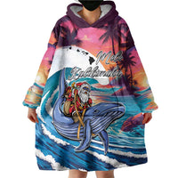 Hawaiian Mele Kalikimaka Wearable Blanket Hoodie Santa Claus Driving The Whale with Sunset Ocean Landscape