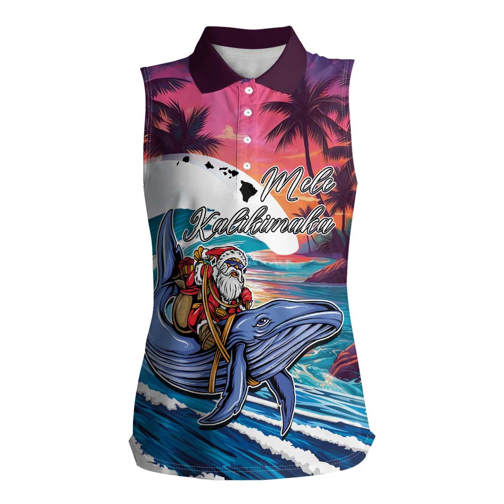 Hawaiian Mele Kalikimaka Women Sleeveless Polo Shirt Santa Claus Driving The Whale with Sunset Ocean Landscape