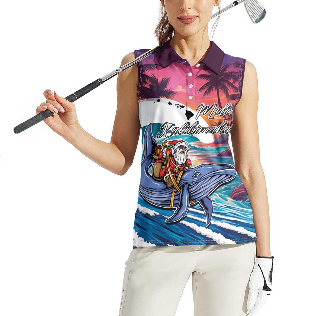 Hawaiian Mele Kalikimaka Women Sleeveless Polo Shirt Santa Claus Driving The Whale with Sunset Ocean Landscape LT03 - Polynesian Pride