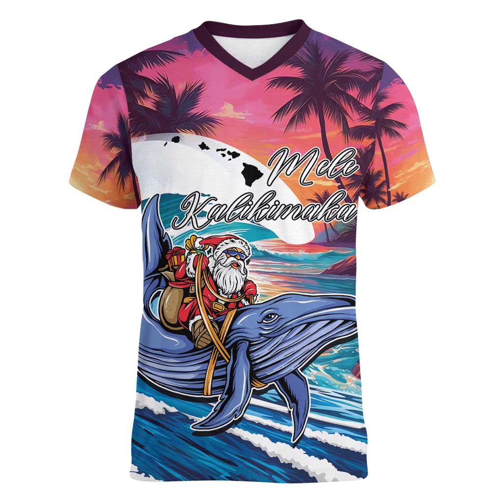 Hawaiian Mele Kalikimaka Women V-Neck T-Shirt Santa Claus Driving The Whale with Sunset Ocean Landscape LT03 Female Blue - Polynesian Pride
