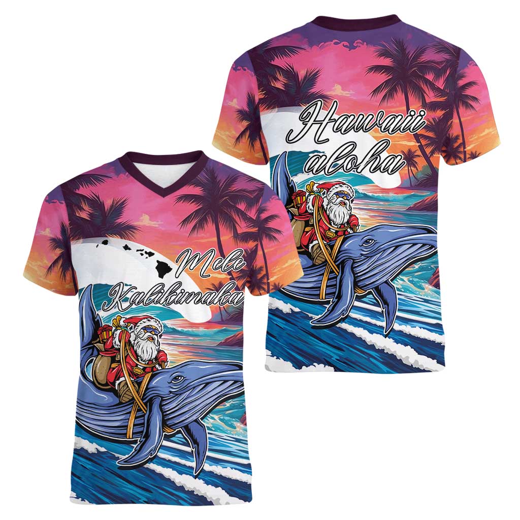 Hawaiian Mele Kalikimaka Women V-Neck T-Shirt Santa Claus Driving The Whale with Sunset Ocean Landscape LT03 - Polynesian Pride