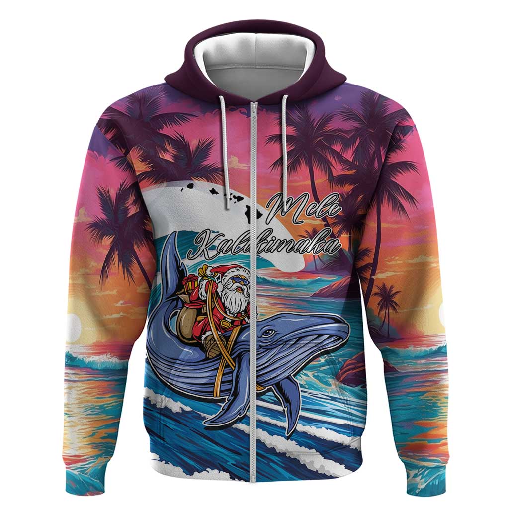 Hawaiian Mele Kalikimaka Zip Hoodie Santa Claus Driving The Whale with Sunset Ocean Landscape