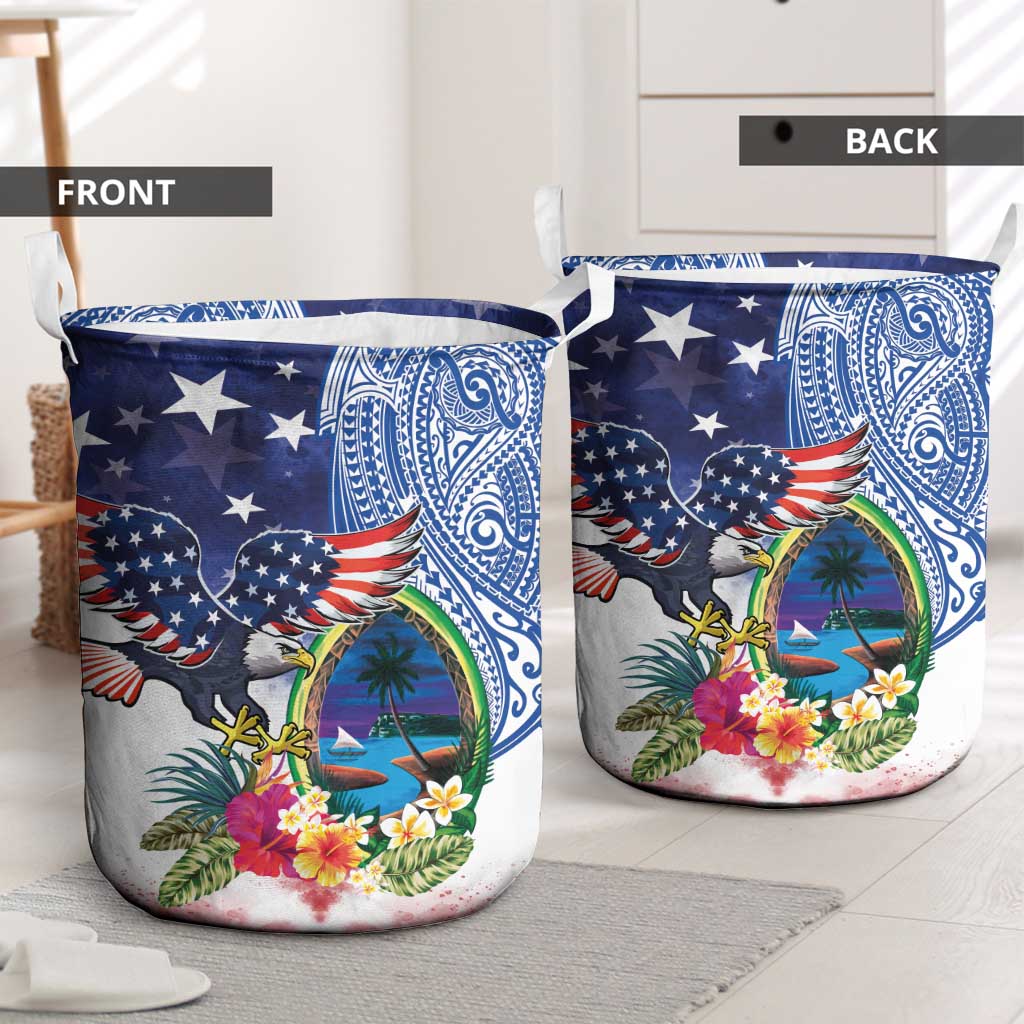 Guam and United States Together Laundry Basket Bald Eagle and Guam Seal with Flower and Tribal Tattoos - Polynesian Pride