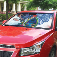 Guam and United States Together Auto Sun Shade Bald Eagle and Guam Seal with Flower and Tribal Tattoos - Polynesian Pride