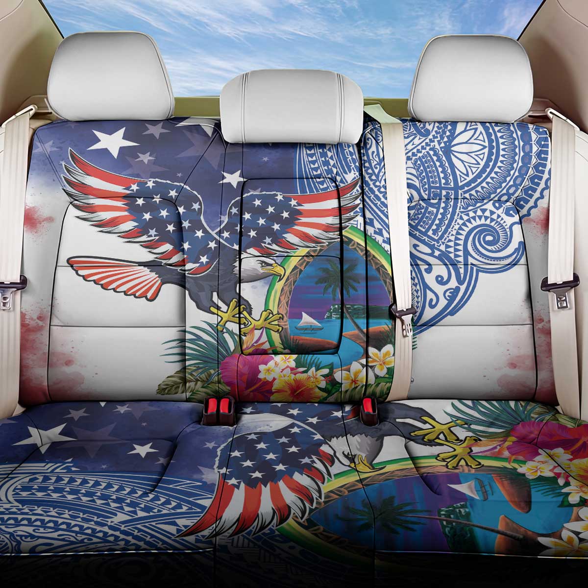 Guam and United States Together Back Car Seat Cover Bald Eagle and Guam Seal with Flower and Tribal Tattoos - Polynesian Pride