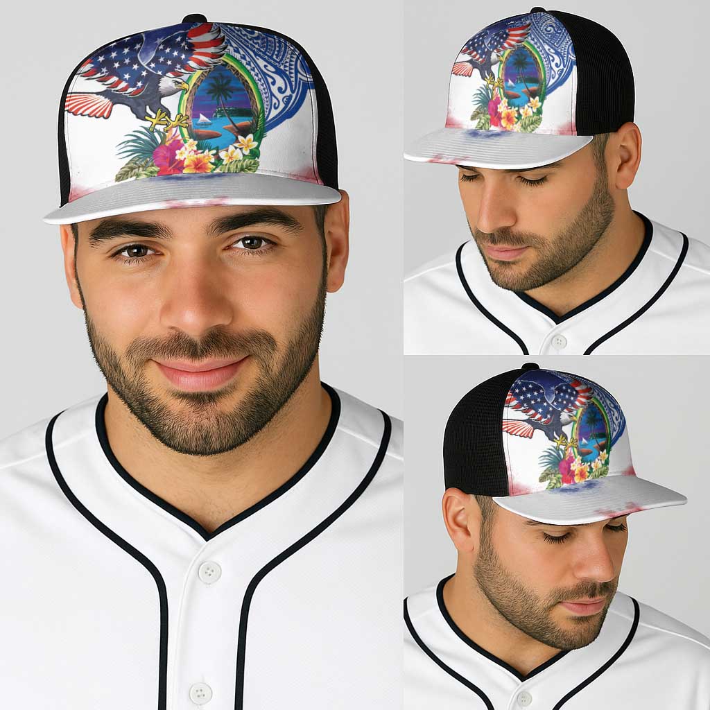 Guam and United States Together Baseball Net Cap Bald Eagle and Guam Seal with Flower and Tribal Tattoos - Polynesian Pride