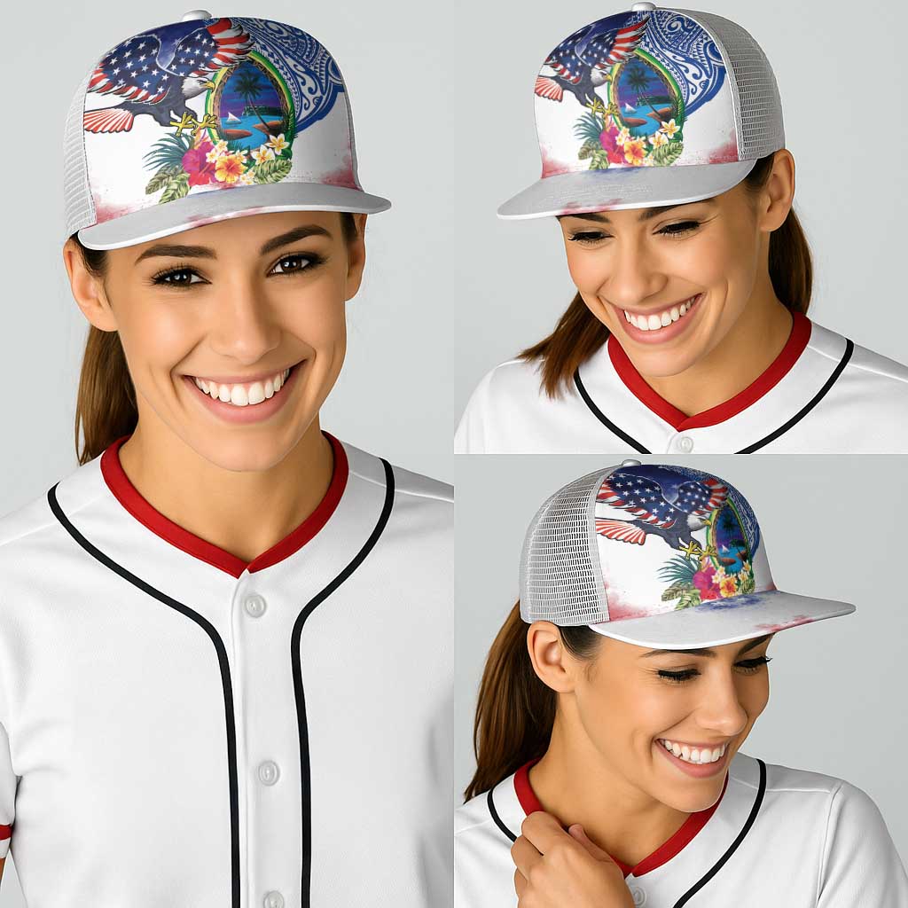 Guam and United States Together Baseball Net Cap Bald Eagle and Guam Seal with Flower and Tribal Tattoos - Polynesian Pride