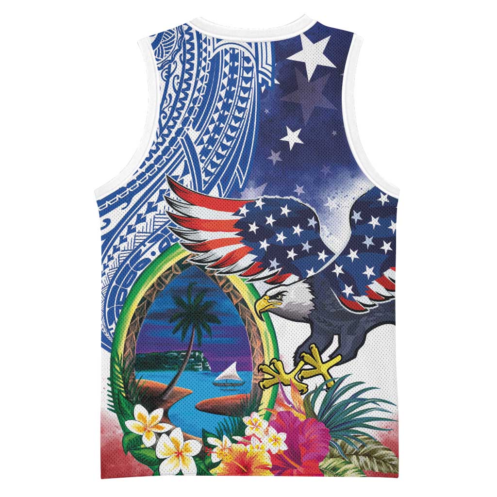 Guam and United States Together Basketball Jersey Bald Eagle and Guam Seal with Flower and Tribal Tattoos - Polynesian Pride