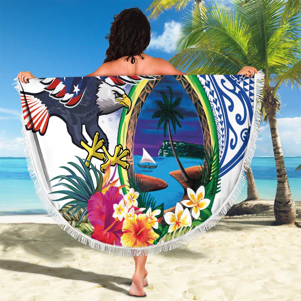 Guam and United States Together Beach Blanket Bald Eagle and Guam Seal with Flower and Tribal Tattoos - Polynesian Pride