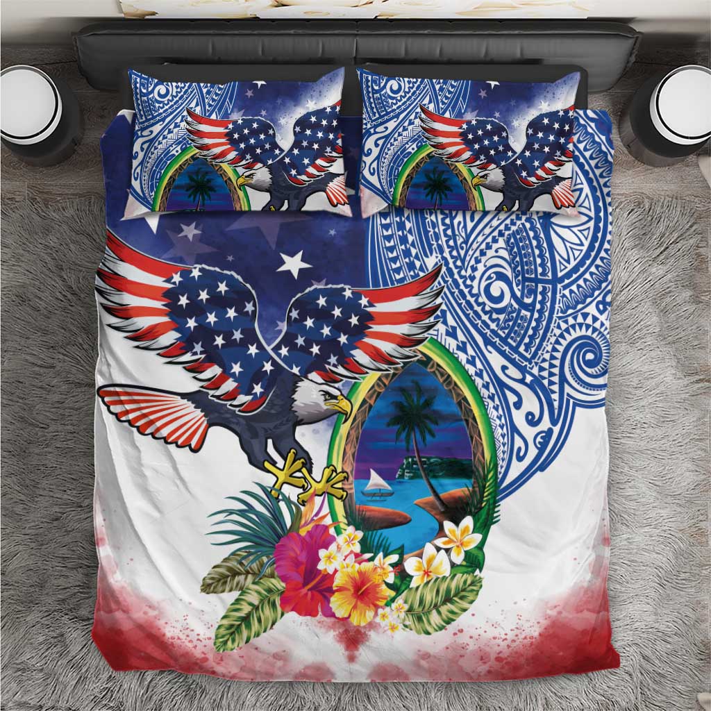Guam and United States Together Bedding Set Bald Eagle and Guam Seal with Flower and Tribal Tattoos - Polynesian Pride