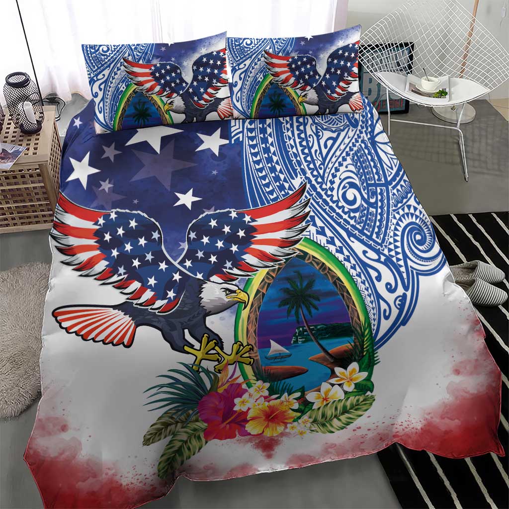 Guam and United States Together Bedding Set Bald Eagle and Guam Seal with Flower and Tribal Tattoos - Polynesian Pride