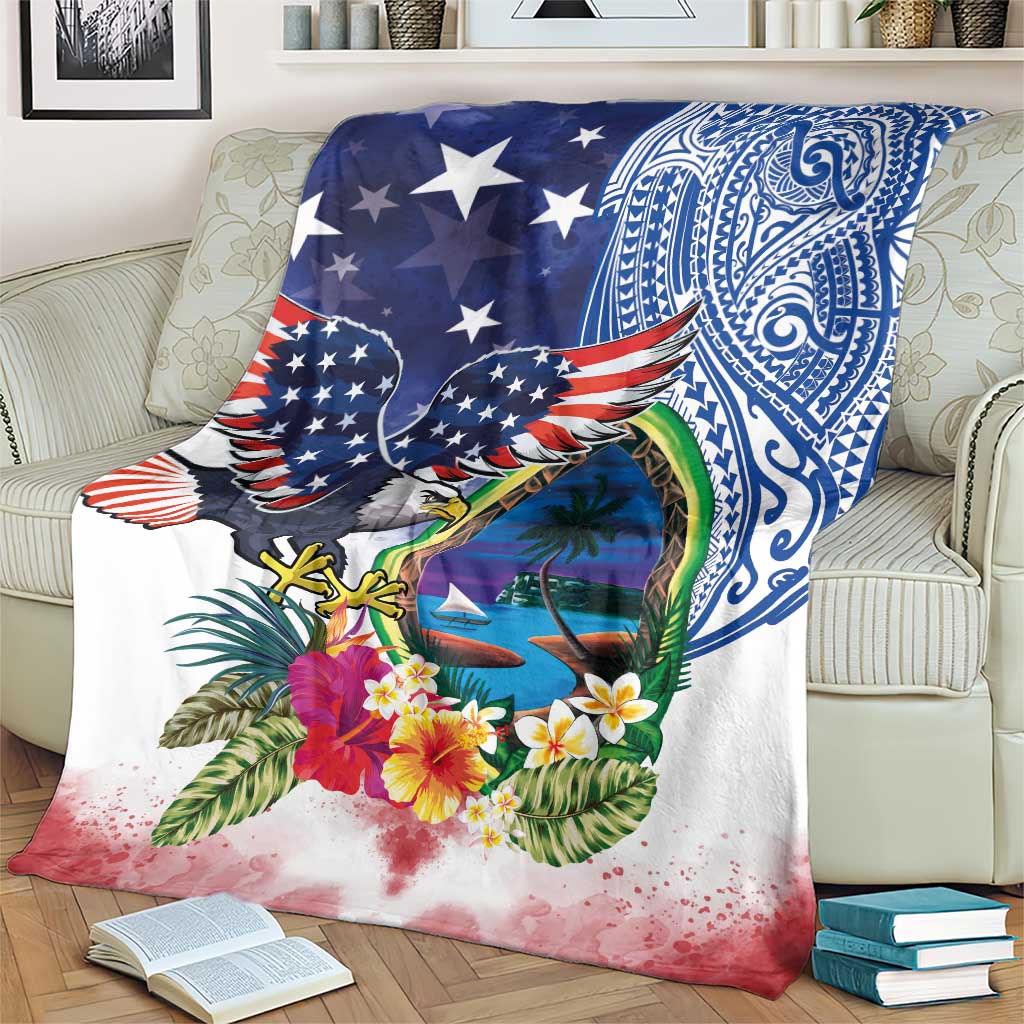 Guam and United States Together Blanket Bald Eagle and Guam Seal with Flower and Tribal Tattoos - Polynesian Pride