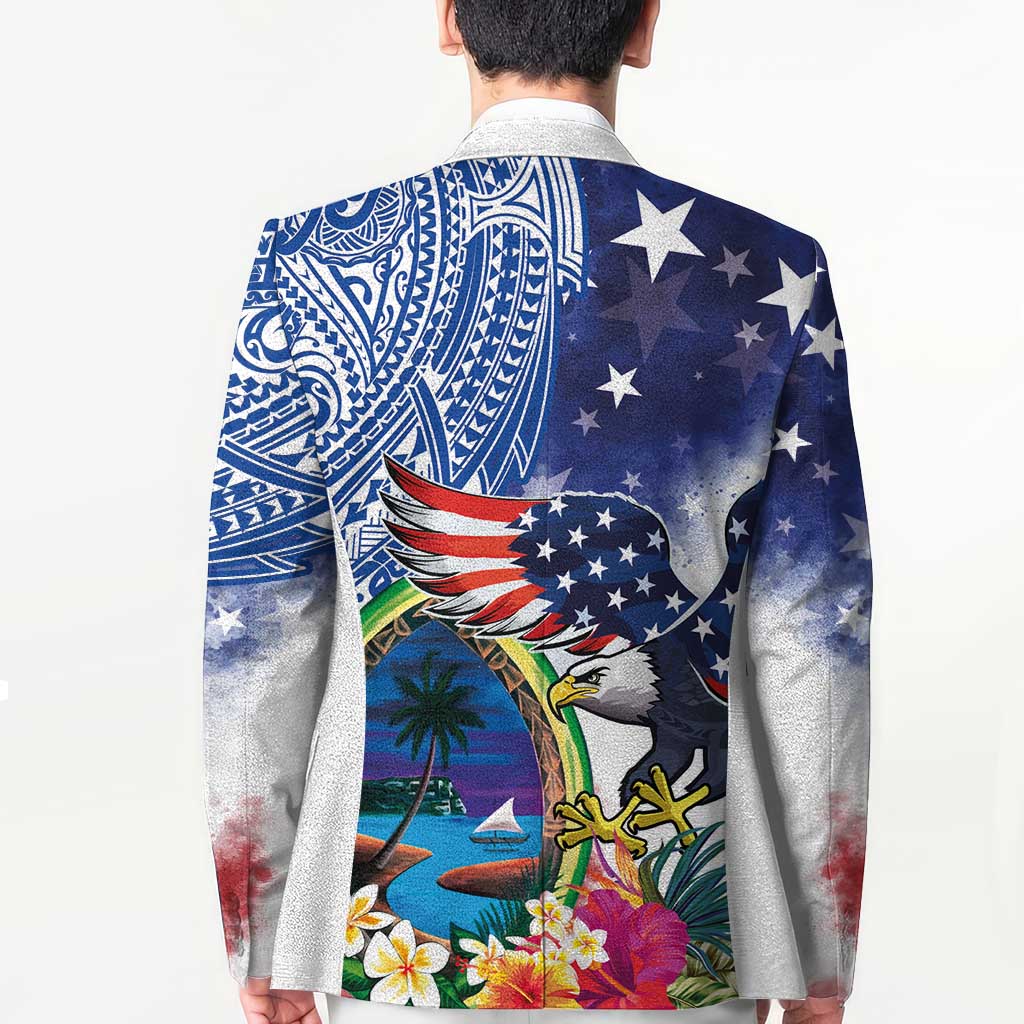 Guam and United States Together Blazer Bald Eagle and Guam Seal with Flower and Tribal Tattoos - Polynesian Pride