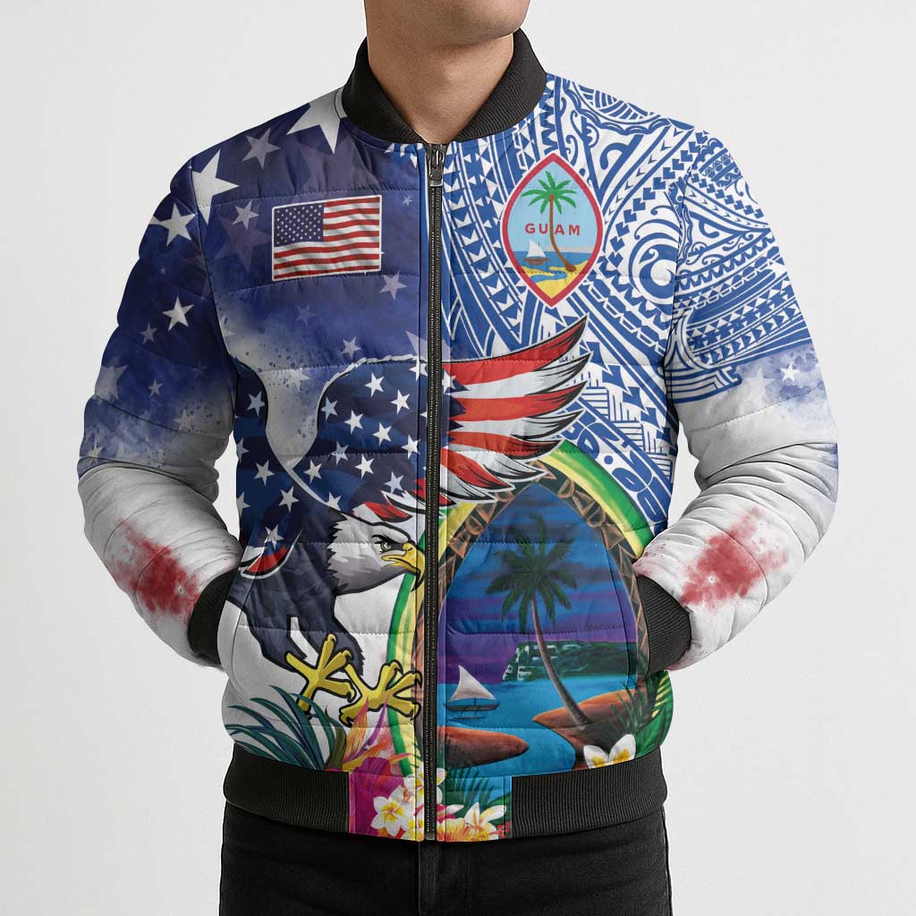 Guam and United States Together Bomber Puffer Jacket Bald Eagle and Guam Seal with Flower and Tribal Tattoos - Polynesian Pride