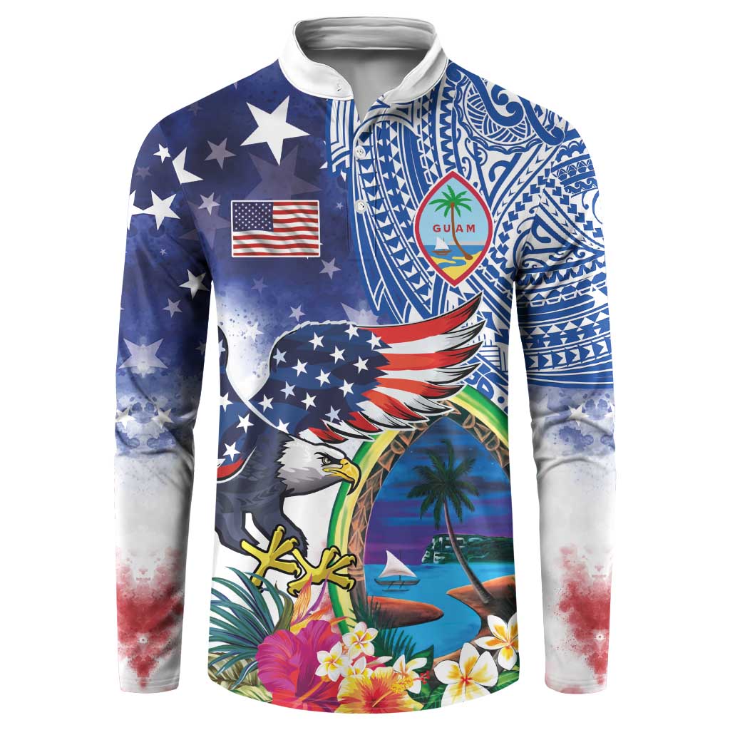 Guam and United States Together Button Sweatshirt Bald Eagle and Guam Seal with Flower and Tribal Tattoos - Polynesian Pride